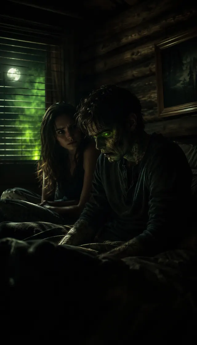 The Cabin, shot one of four: a survivor aims a trembling handgun at the zombified partner they love, tears streaming, dim daylight through the broken cabin windows, cold blue-grey cinematic 3D