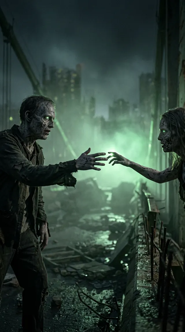 The Match Cut, shot four of four: mid-air the dark cabin becomes a golden wheat field at sunset, the zombie leap landing as a tight embrace with both characters alive again, warm cinematic 3D
